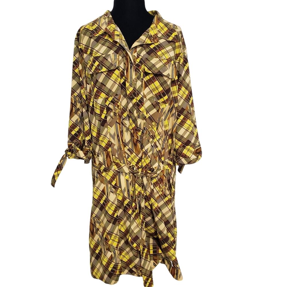 Mlle Gabrielle Plaid Green Brown Retro Midi Dress‎ Plus Size 26/28 Country